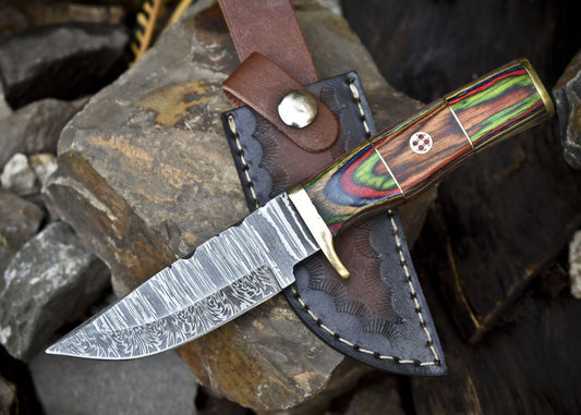  Custom Twist Damascus Skinner Knife with Hard Wood Handle and Brass Guard – Tactical Hunting Knife