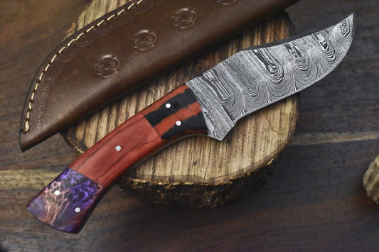 Custom Twist Damascus Skinner Knife with Hardwood Handle and Micarta Bolster – Everyday Carry EDC Knife