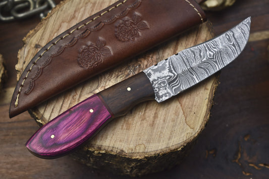Custom Twist Damascus Skinner Knife with Hardwood Handle and Wooden Bolster – 8 Inch Hunting Knife