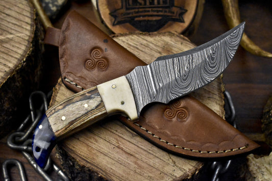 Custom Twist Damascus Skinner Knife with Olive Wood Handle for Hunting and Outdoors