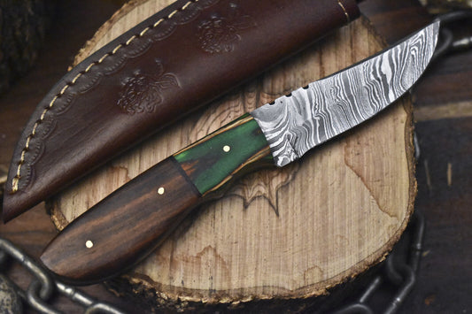 Custom Twist Damascus Skinner Knife with Walnut Wood Handle and Leather Sheath