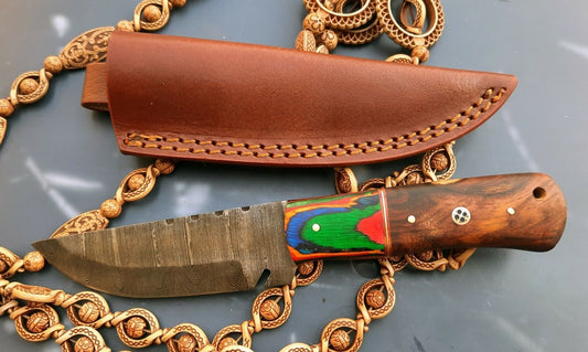 Custom Twist Damascus Skinner Knife with Wood Handle – 8 Inch Handmade Hunting and Bushcraft Blade with Sheath