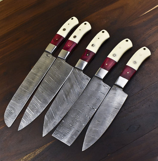 DAMASCUS KITCHEN SET Hard Wood Chef Knife Steel Bolster 5 Pieces