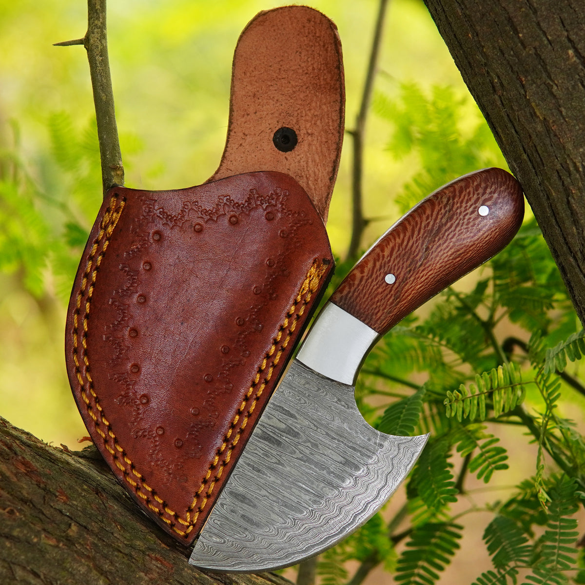6.5" Handmade Damascus Skinner Knife with Oriental Wood Handle & Sheath