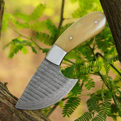 6.5" Handmade Damascus Skinner Knife with Camel Bone Handle & Sheath