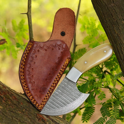 6.5" Handmade Damascus Skinner Knife with Camel Bone Handle & Sheath