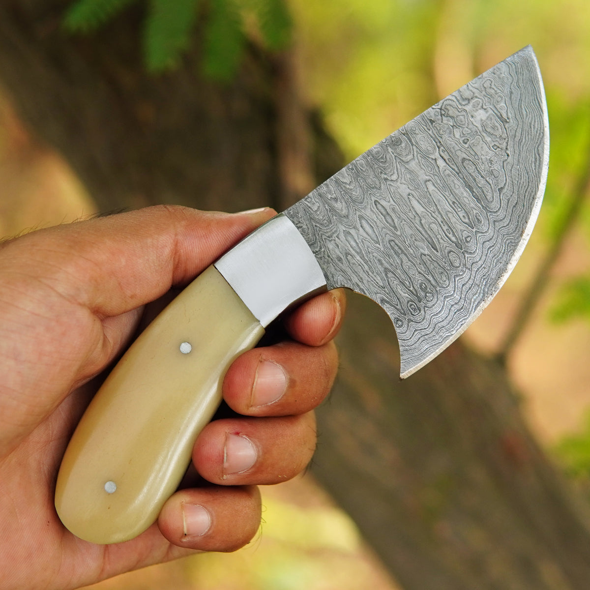 Damascus skinner knife with camel bone handle, mosaic bolster, and leather sheath
