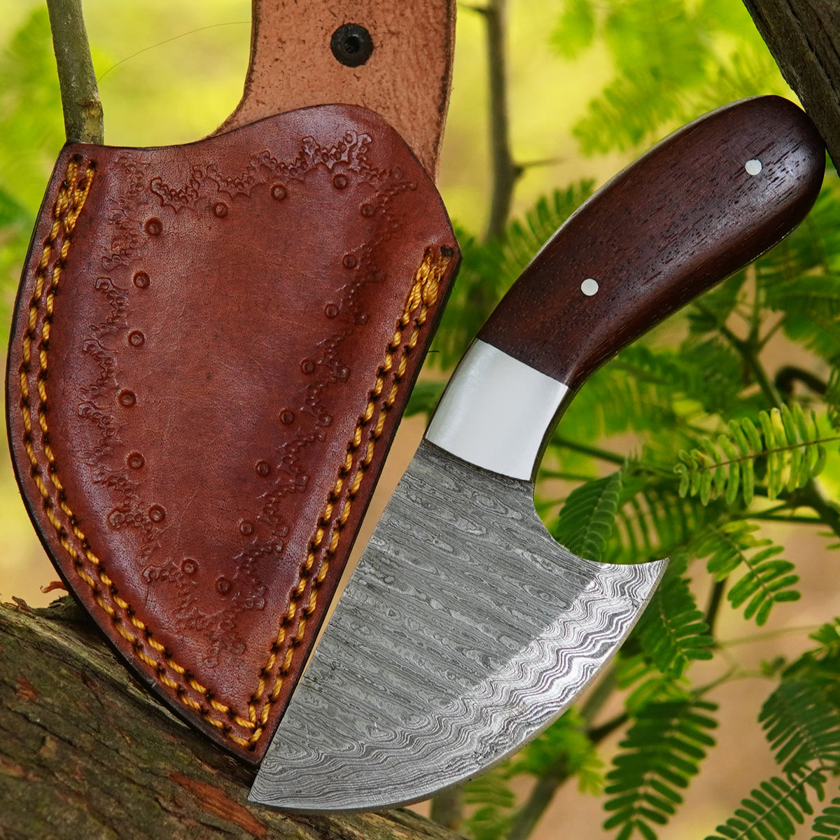 6.5-inch handmade Damascus skinner knife with rosewood handle and leather sheath
