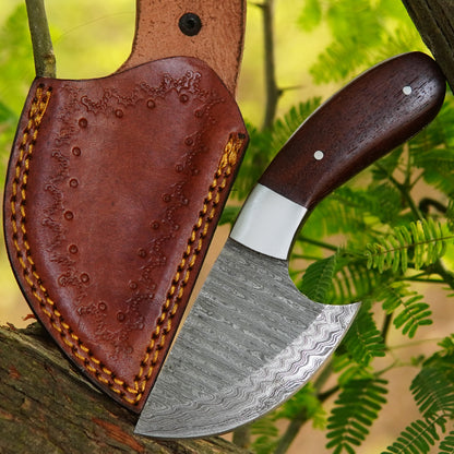 6.5-inch handmade Damascus skinner knife with rosewood handle and leather sheath