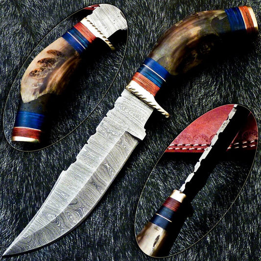 Damascus Bowie – 10" Handmade Ram Horn & Hardwood Handle with Leather Sheath