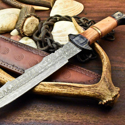  Damascus Bowie – 15.5" Handmade Hunting Knife with Olive Wood Handle & Leather Sheath

