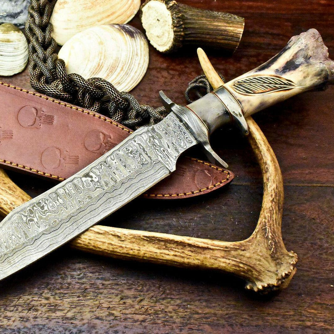 Damascus Bowie – 15" Handmade Hunting Knife with Engraved Camel Bone Handle & Leather Sheath