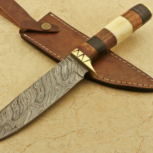  Damascus Bowie – Camel Bone & Rosewood Handle, 12.25" Hand-Forged Blade with Leather Sheath