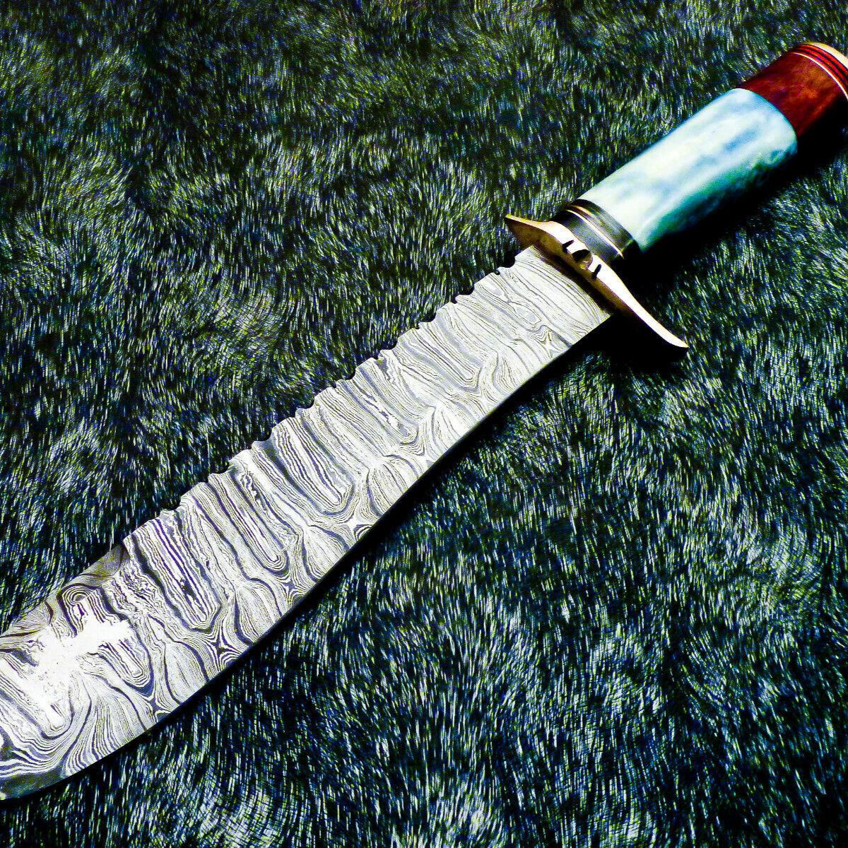  Damascus Bowie Hunting Knife – Stained Bone Handle, 15"