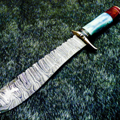  Damascus Bowie Hunting Knife – Stained Bone Handle, 15"