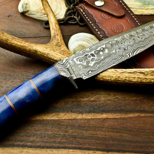  Damascus Bowie Knife – 12.5" Camel Bone Handle