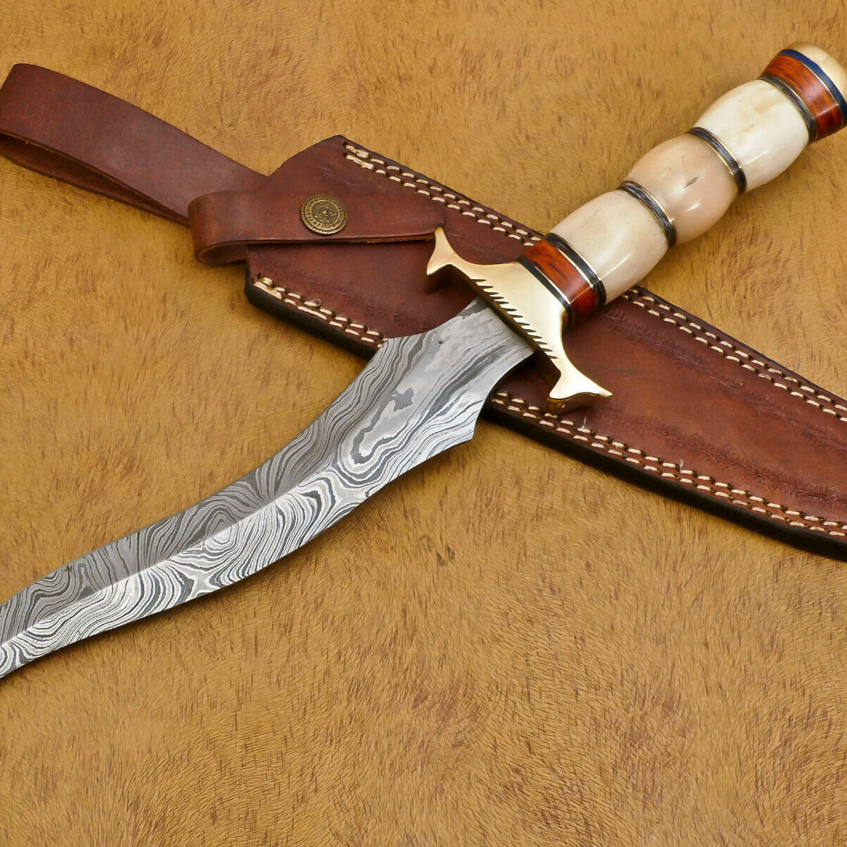 Damascus Bowie Knife – 13" Handmade Hunting Blade with Camel Bone & Pakka Wood Handle