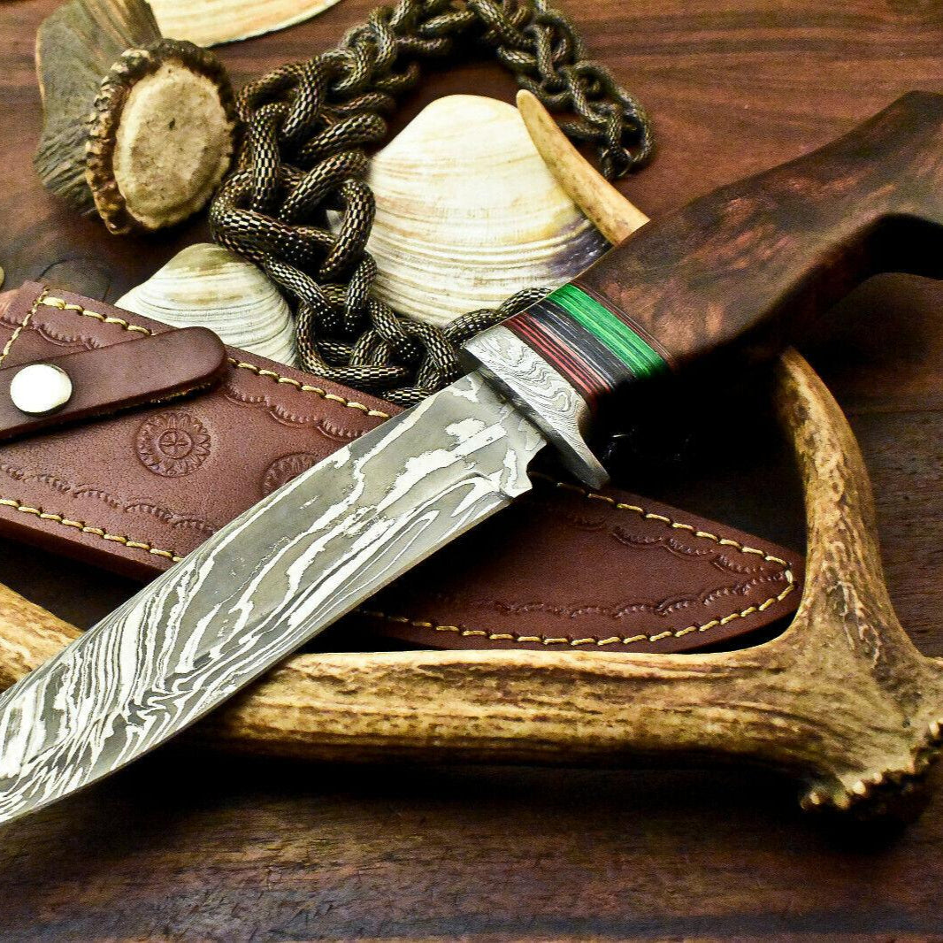 Damascus Bowie Knife – 14" Walnut Wood Handle & Leather Sheath