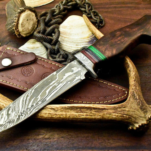 Damascus Bowie Knife – 14" Walnut Wood Handle & Leather Sheath
