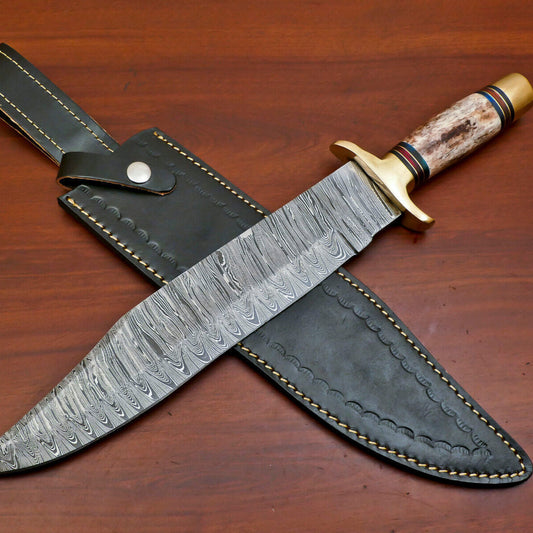Damascus Bowie Knife 16 Inch Hunting Camping Knife with Camel Bone Handle