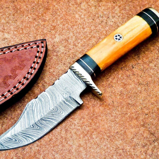 Damascus Bowie Knife – 8" Stained Camel Bone & Wood Handle