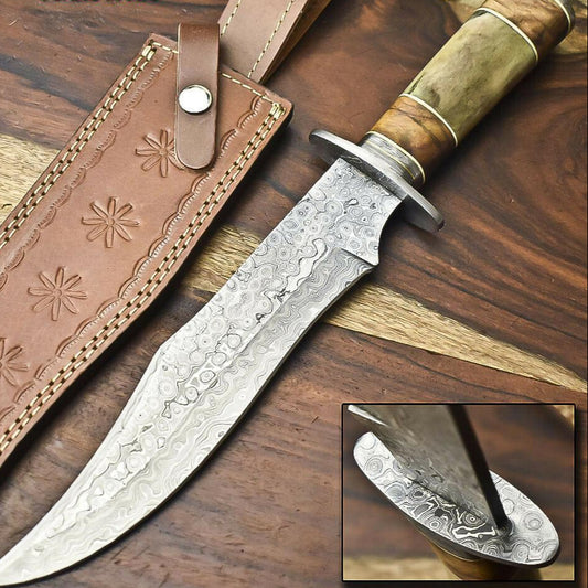 14" Damascus Bowie Knife – Camel Bone Handle & Leather Sheath