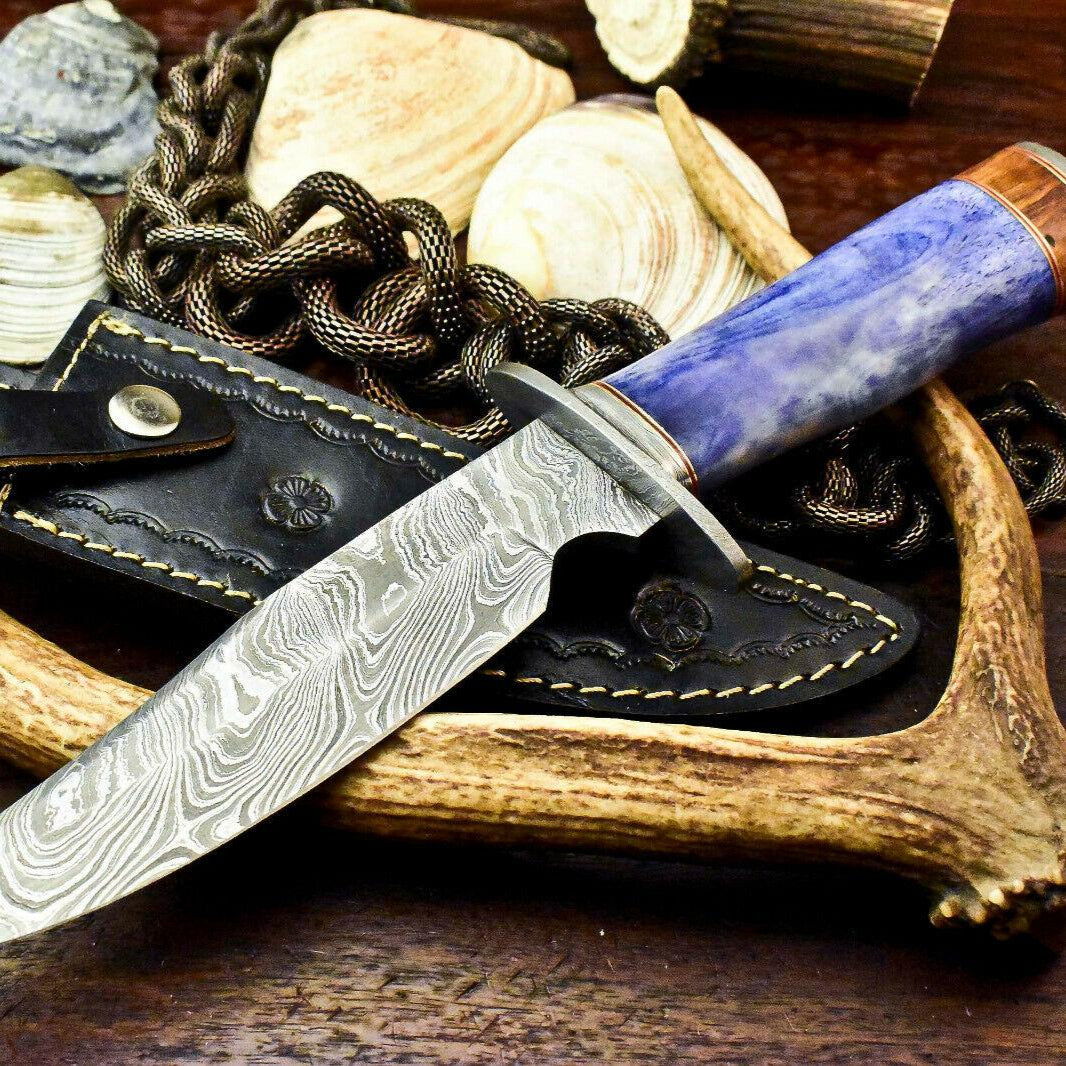  Damascus Bowie Knife – Camel Bone Handle and Leather Sheath