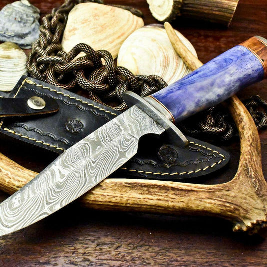  Damascus Bowie Knife – Camel Bone Handle and Leather Sheath