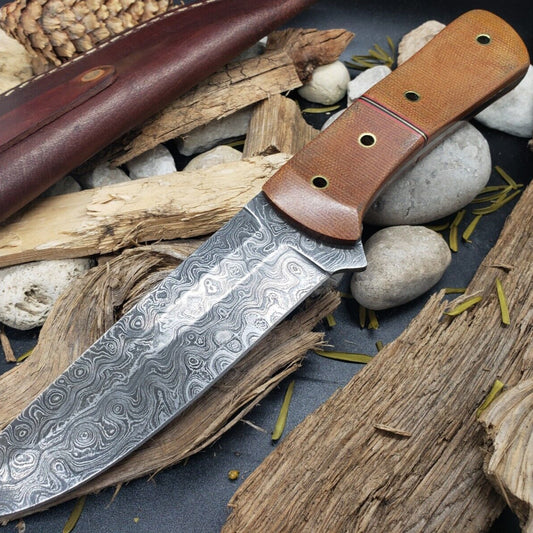Damascus Bowie Knife – Micarta Handle, 10" Hand-Forged Blade with Leather Sheath