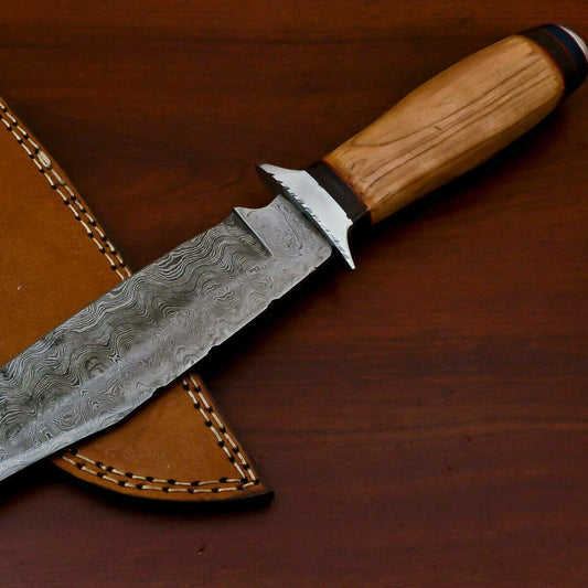 Damascus Bowie Knife – Olive & Pakka Wood Handle, 12" Hunting Knife with Leather Sheath