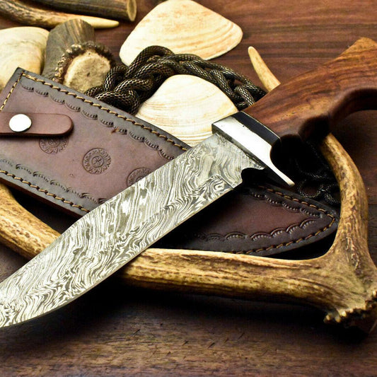 Damascus Bowie Knife – Walnut Wood Handle, 12" Hunting Knife with Leather Sheath