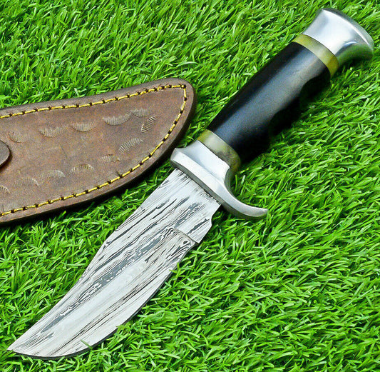Damascus Bowie Knife with Bull Horn and Wood Handle for Hunting and Camping