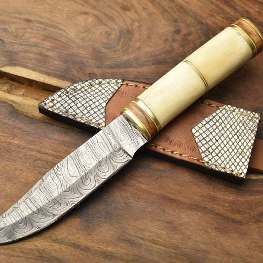 Damascus Bowie Knife with Camel Bone Handle for Hunting and Fishing