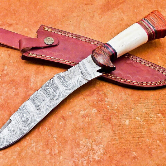 12" Damascus Bowie Knife with Camel Bone & Hardwood Handle 