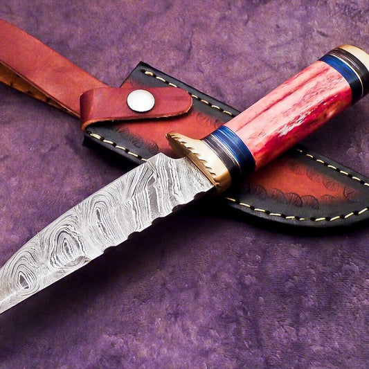 Damascus Bowie Knife with Stained Camel Bone and Hardwood Handle 10 Inch