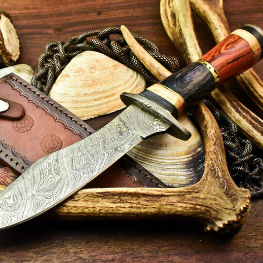 Damascus Bowie – Walnut Wood Handle, 12.5" Handmade Full Tang Blade with Leather Sheath
