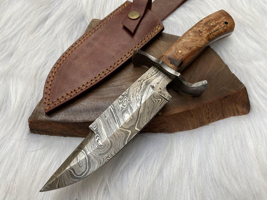 Damascus Bowie – Wood Handle, 12" Hand-Forged Blade with Leather Sheath