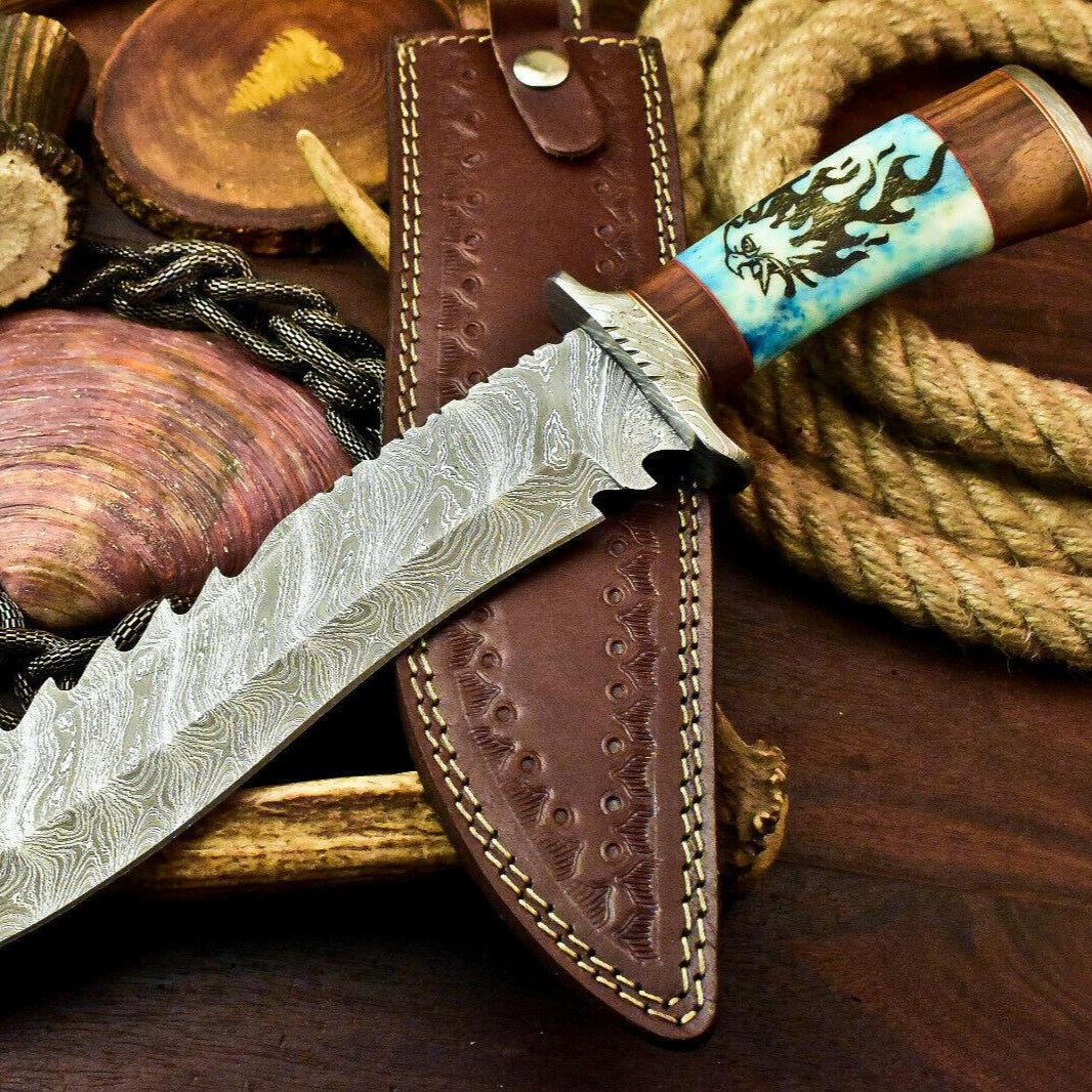Damascus Camel Bone Bowie Knife – 15" Laser Etched Hunting Blade 