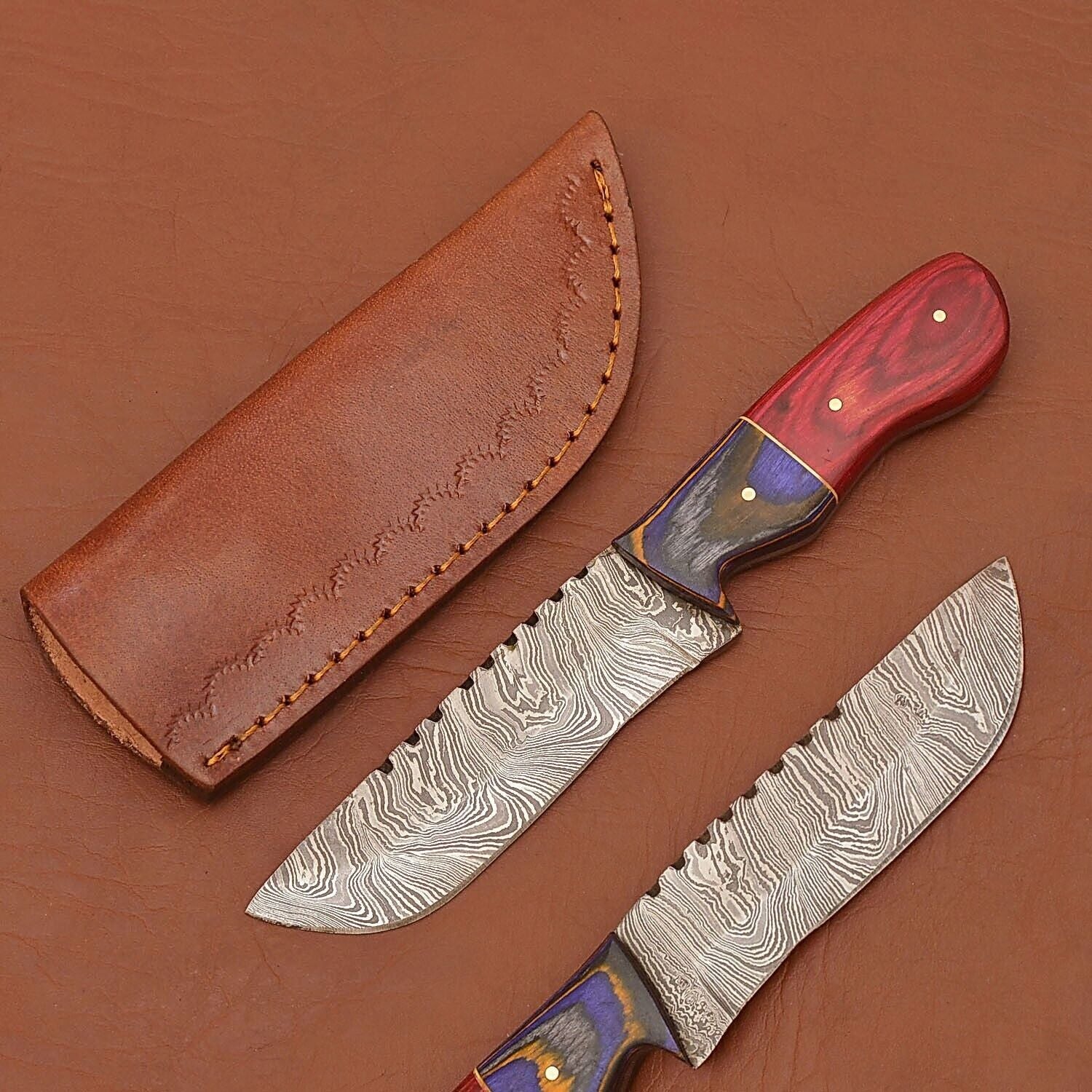 Damascus Camping Skinner Knife Wood Handle with Leather Sheath for Hunting