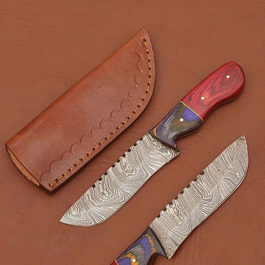 Damascus Camping Skinner Knife Wood Handle with Leather Sheath for Hunting