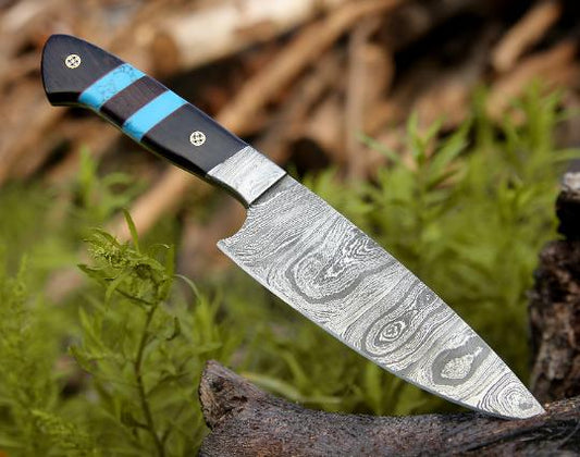 Damascus Chef Knife – Handmade Kitchen Knife with Leather Sheath, Custom Forged