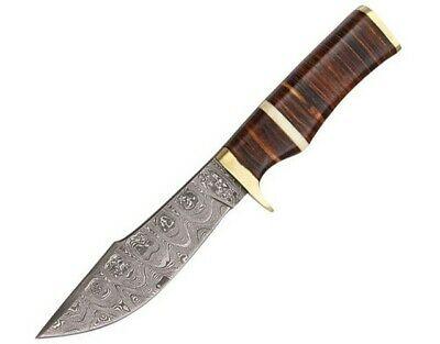 Damascus Fixed Blade Hunting Knife – Stacked Leather & Bone Handle with Sheath