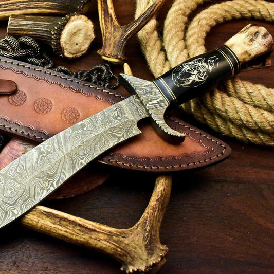 Damascus Hand Forged Custom Laser Etched Bowie Knife – Bull Horn Handle, 15.5" Hunting Knife