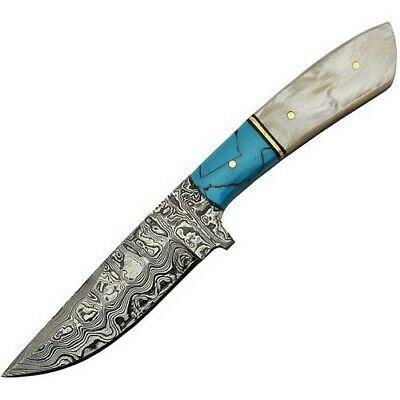 Damascus Hunter 7.75" Full Tang Fixed Blade Knife – Blue Pearl Handle with Leather Sheath