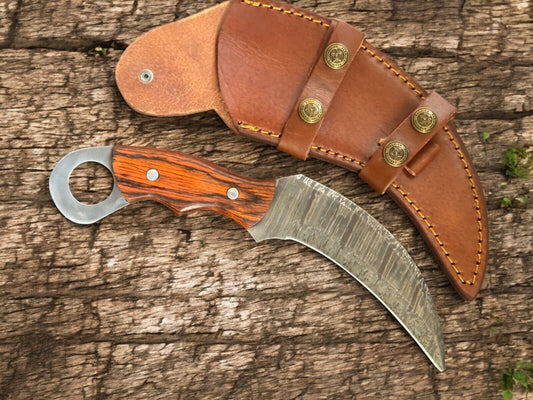 Damascus Karambit Knife 9.5” Karambit Damascus Steel Hunting Knife With Pakka Wood Handle