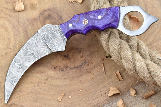Damascus Karambit Knife 9.5” Karambit Damascus Steel Knife with Resin Handle
