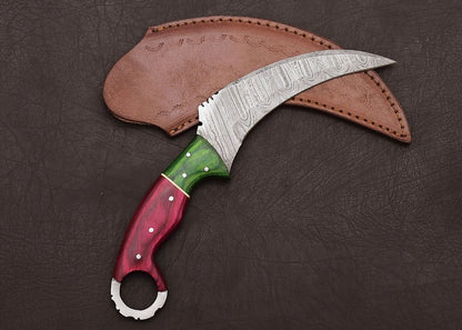 Damascus Karambit Knife Full Tang Damascus Steel Hunting Knife with Wood Handle 