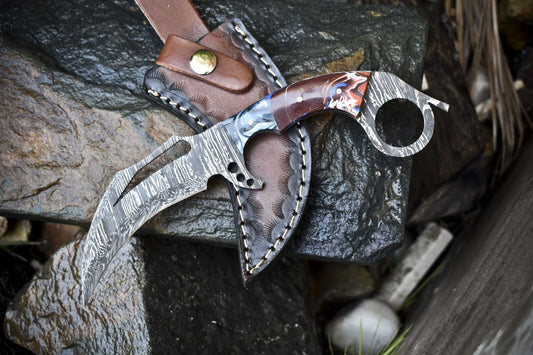  Damascus Karambit Knife Handmade Karambit Damascus Steel Knife with Resin Handle