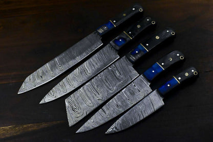 Damascus Kitchen Knife Set – Handmade Chef Knives with Twisted Damascus Pattern – Rare Forged Steel – Hardwood Handle – Leather Sheath Included

