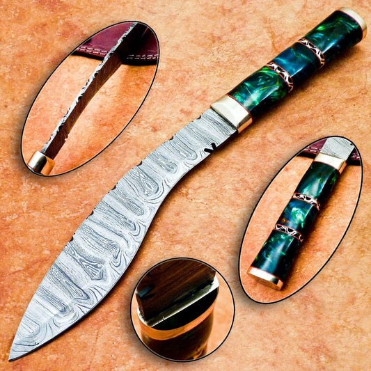 15 Inch Damascus Kukri Knife with Resin Handle and Brass Bolster
